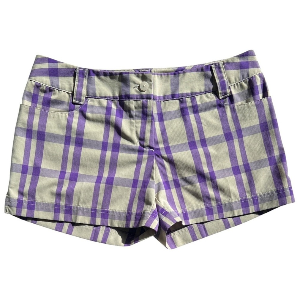ADIDAS Shorts Womens 2 Purple Plaid Checked Stretch Golf Performance Chino